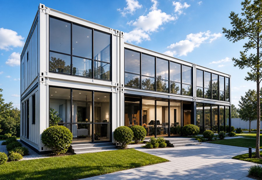 Edifício modular com fachada de vidro e paisagismo